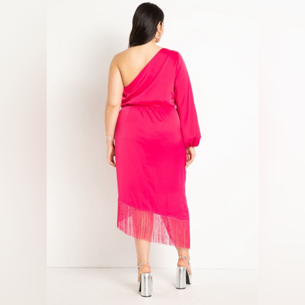Eloquii Fringe Hem Satin Silk-Like One Shoulder Wrap Pink Plus Size Dress - Picture 3 of 6